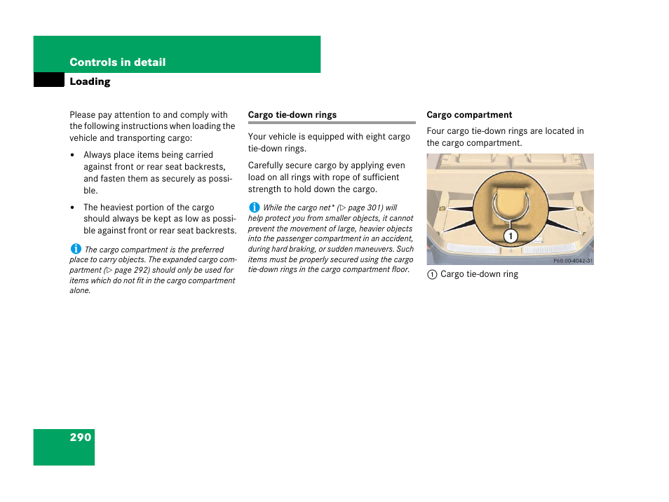 Cargo tie-down rings | Mercedes-Benz R-Class 2008 Owners Manual User Manual | Page 291 / 569