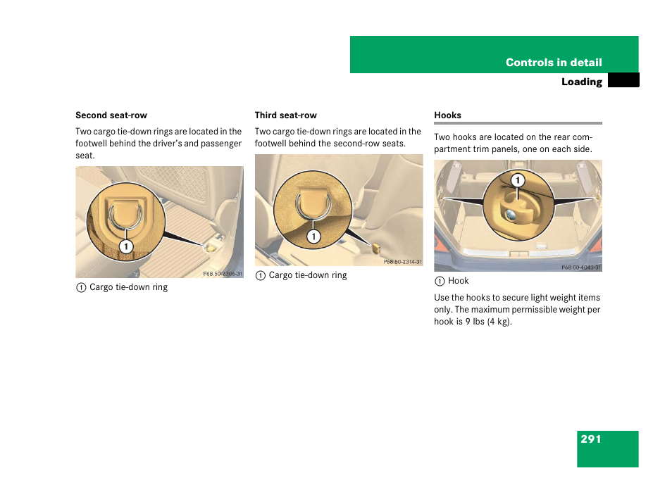 Vehicle loading:hooks, Hooks | Mercedes-Benz R-Class 2008 Owners Manual User Manual | Page 292 / 569