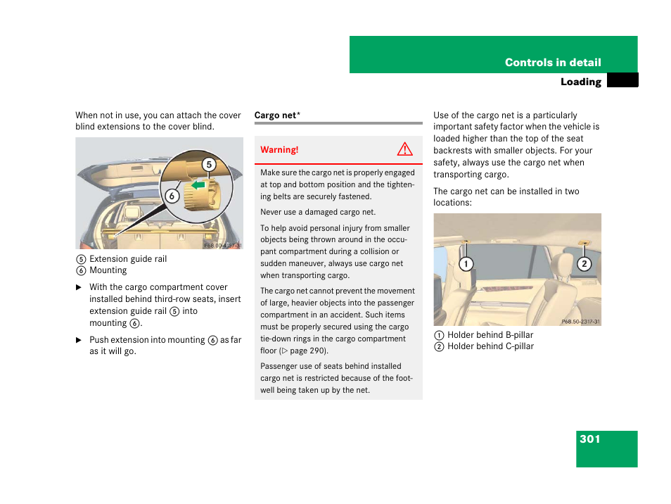 Vehicle loading:cargo net, Cargo net, O net | Mercedes-Benz R-Class 2008 Owners Manual User Manual | Page 302 / 569