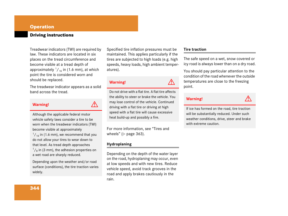 Hydroplaning, Tires:traction, Hydroplaning tire traction | 344 operation | Mercedes-Benz R-Class 2008 Owners Manual User Manual | Page 345 / 569