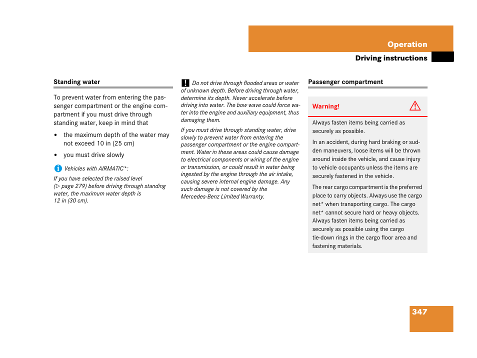 Standing water, driving through, Passenger compartment, Standing water passenger compartment | Mercedes-Benz R-Class 2008 Owners Manual User Manual | Page 348 / 569
