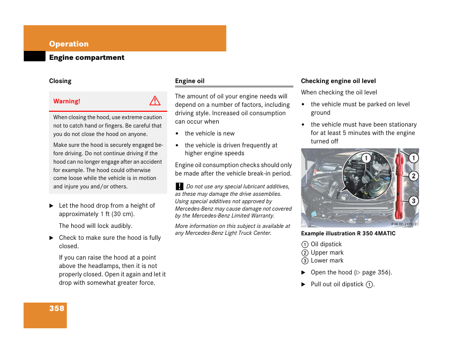Engine oil:checking level, Engine oil, L, see “engine oil | Mercedes-Benz R-Class 2008 Owners Manual User Manual | Page 359 / 569