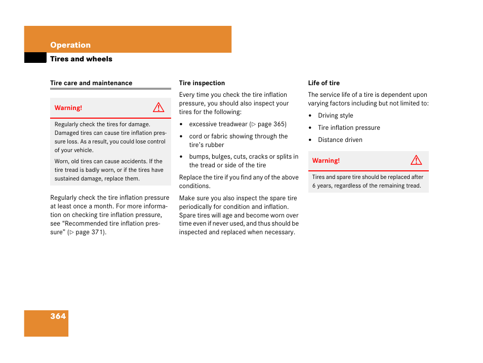Tires:care and maintenance, Tire care and maintenance | Mercedes-Benz R-Class 2008 Owners Manual User Manual | Page 365 / 569