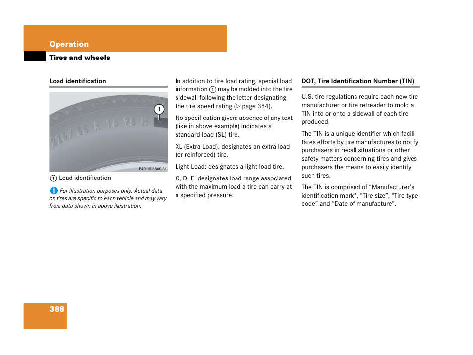 Load identification, Dot, tire identification number (tin), Ation | Rating, see “load identification | Mercedes-Benz R-Class 2008 Owners Manual User Manual | Page 389 / 569