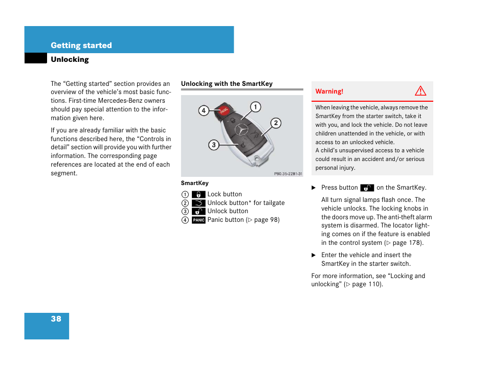 Vehicle:locking/unlocking, Key, smartkey: locking/unlocking, Unlocking | Unlocking with the smartkey | Mercedes-Benz R-Class 2008 Owners Manual User Manual | Page 39 / 569