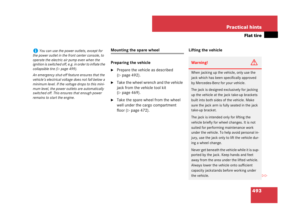 Spare wheel:mounting, Mounting the spare wheel, L, see “mounting the spare wheel | 493 practical hints | Mercedes-Benz R-Class 2008 Owners Manual User Manual | Page 494 / 569