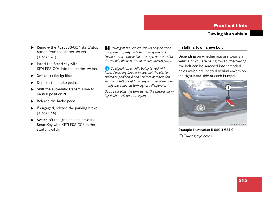 Towing eye bolts, Installing towing eye bolt | Mercedes-Benz R-Class 2008 Owners Manual User Manual | Page 516 / 569