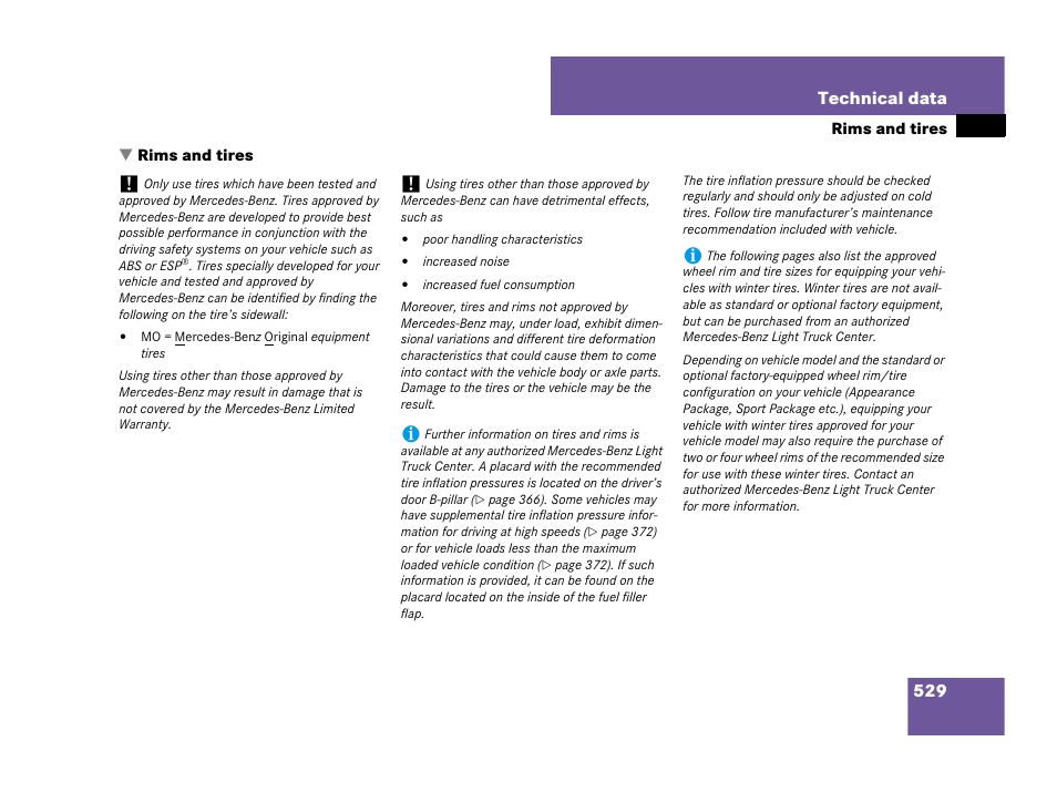 Tires:sizes, Rims and tires, The “technical data” section | See “rims and tires, 529 technical data | Mercedes-Benz R-Class 2008 Owners Manual User Manual | Page 530 / 569