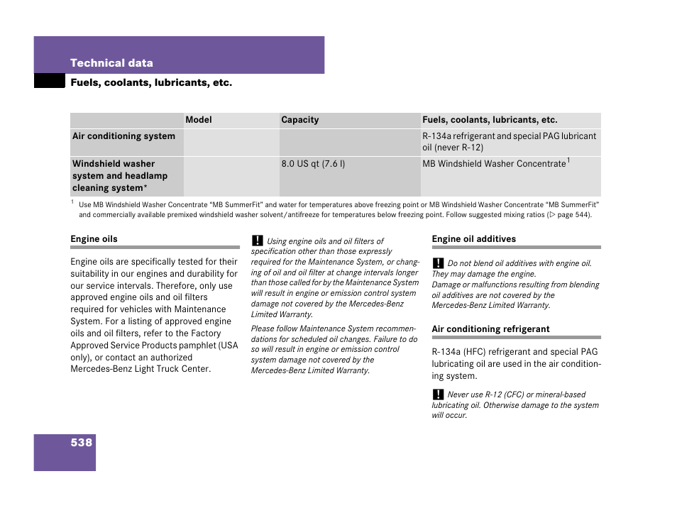 Engine oil, Engine oil:additives, Air conditioning refrigerant | Mercedes-Benz R-Class 2008 Owners Manual User Manual | Page 539 / 569