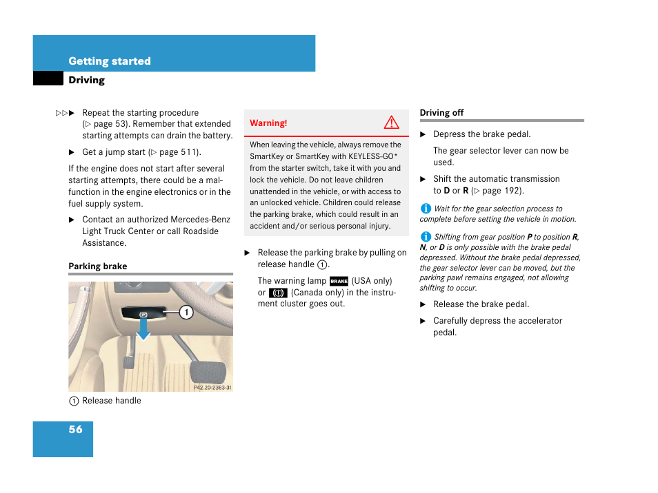 Parking brake, Driving off, Parking brake driving off | Mercedes-Benz R-Class 2008 Owners Manual User Manual | Page 57 / 569