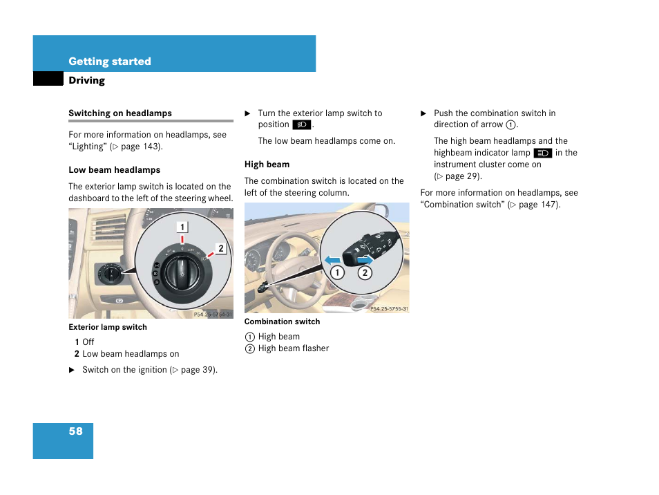 Headlamps:switch, Switching on headlamps | Mercedes-Benz R-Class 2008 Owners Manual User Manual | Page 59 / 569