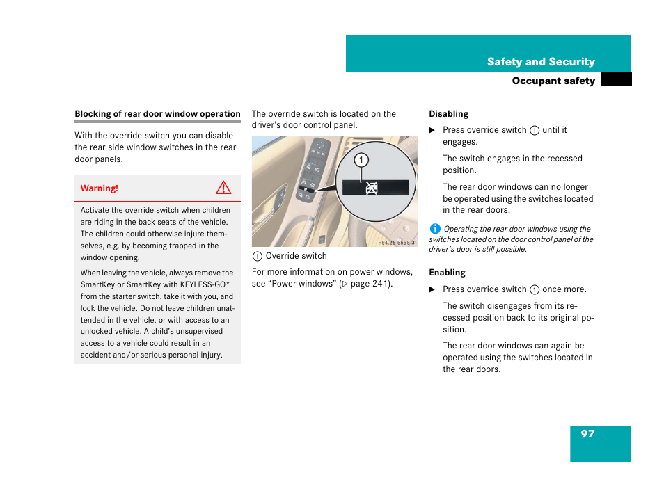 Blocking of rear door window operation | Mercedes-Benz R-Class 2008 Owners Manual User Manual | Page 98 / 569