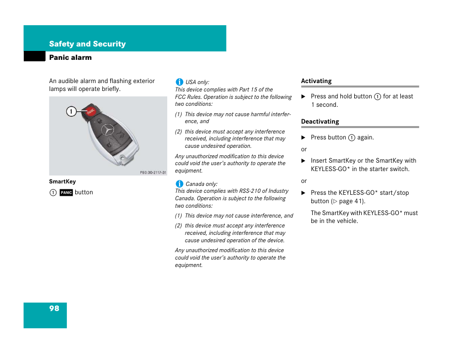 Panic alarm, Activating, Deactivating | Activating deactivating, Panic button | Mercedes-Benz R-Class 2008 Owners Manual User Manual | Page 99 / 569