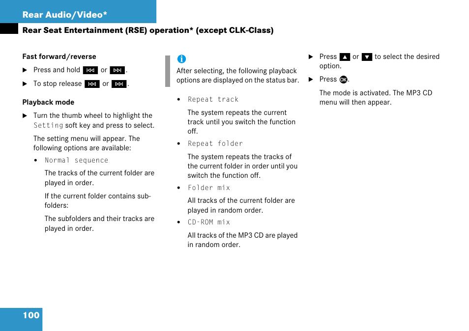 100 rear audio/video | Mercedes-Benz CLK-Class 2008 COMAND Manual User Manual | Page 100 / 232