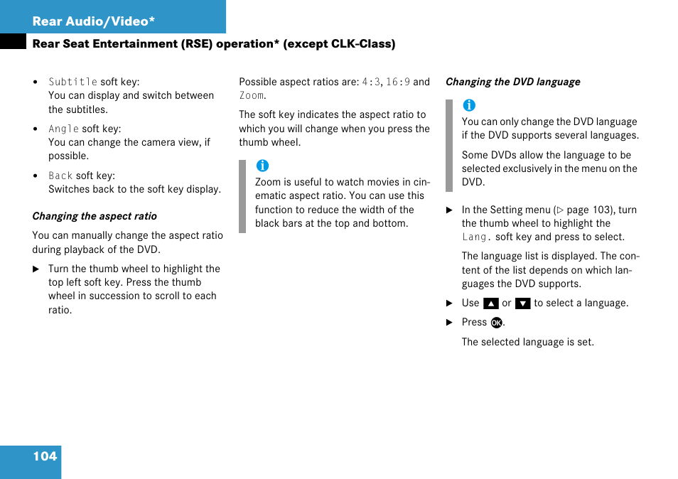 104 rear audio/video | Mercedes-Benz CLK-Class 2008 COMAND Manual User Manual | Page 104 / 232