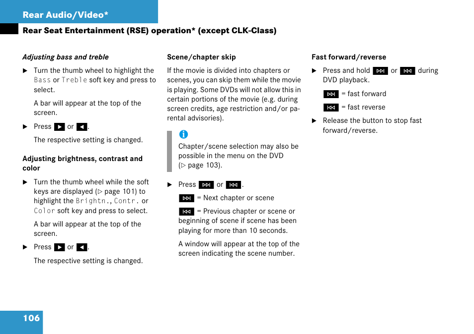 106 rear audio/video | Mercedes-Benz CLK-Class 2008 COMAND Manual User Manual | Page 106 / 232