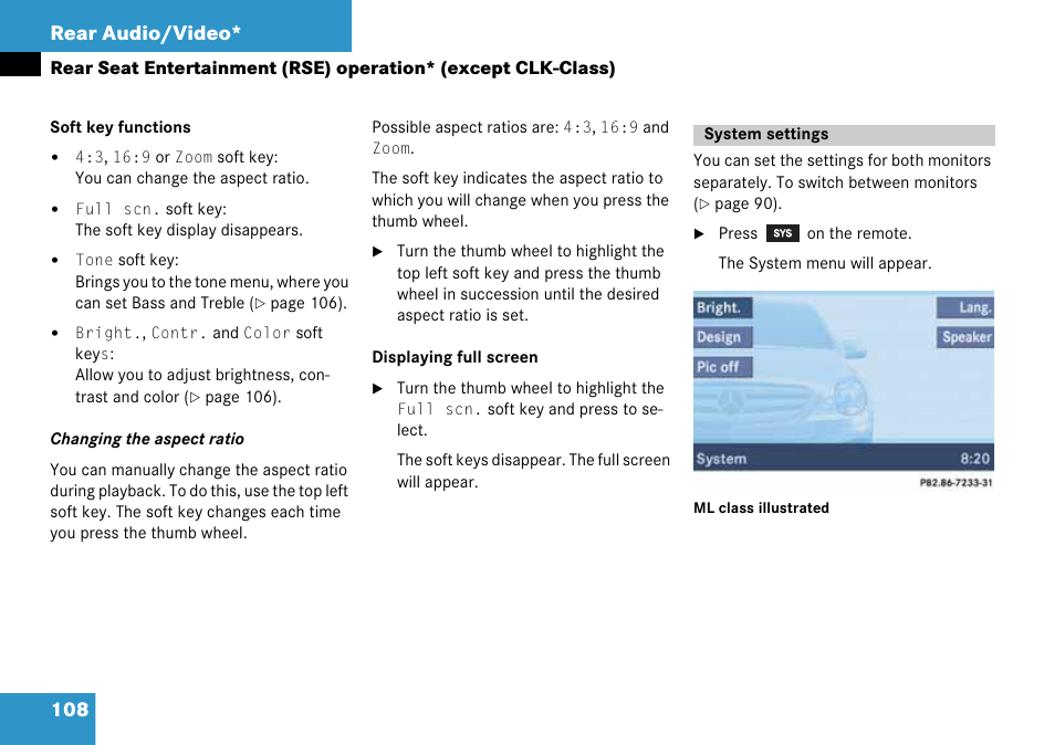System settings, 108 rear audio/video | Mercedes-Benz CLK-Class 2008 COMAND Manual User Manual | Page 108 / 232