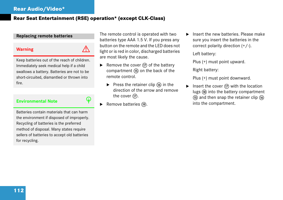 Replacing remote batteries, 112 rear audio/video | Mercedes-Benz CLK-Class 2008 COMAND Manual User Manual | Page 112 / 232