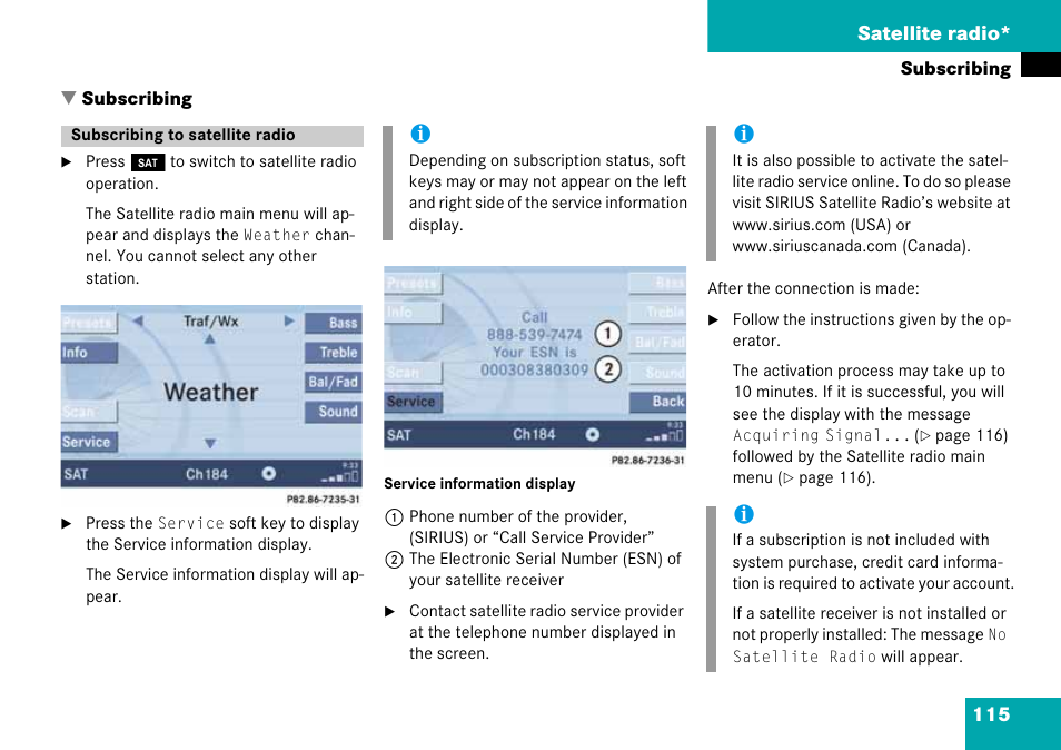 Subscribing, Subscribing to satellite radio, 115 satellite radio | Mercedes-Benz CLK-Class 2008 COMAND Manual User Manual | Page 115 / 232