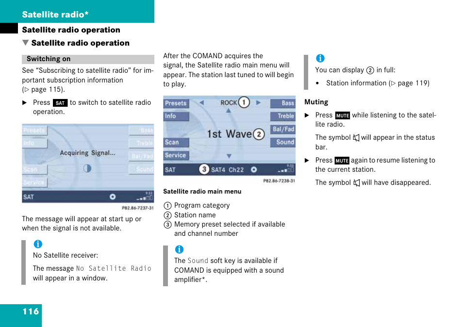 Satellite radio operation, Switching on, Menu | 116 satellite radio | Mercedes-Benz CLK-Class 2008 COMAND Manual User Manual | Page 116 / 232