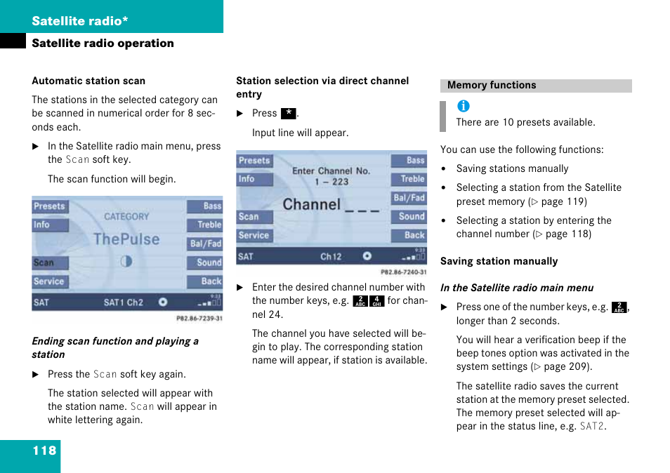 Memory functions, 118 satellite radio | Mercedes-Benz CLK-Class 2008 COMAND Manual User Manual | Page 118 / 232