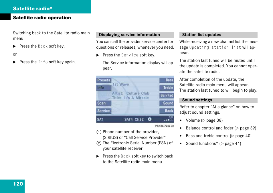 Displaying service information, Station list updates, Sound settings | 120 satellite radio | Mercedes-Benz CLK-Class 2008 COMAND Manual User Manual | Page 120 / 232