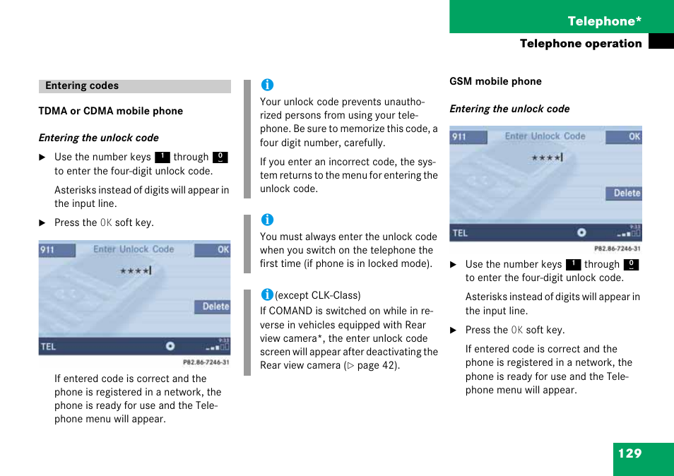 Entering codes, 129 telephone | Mercedes-Benz CLK-Class 2008 COMAND Manual User Manual | Page 129 / 232