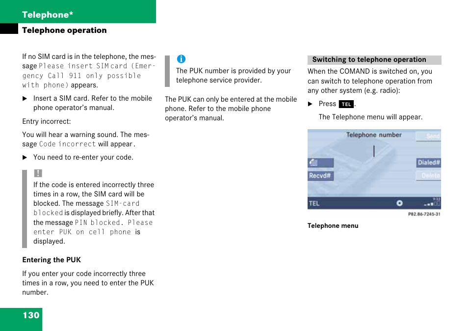 Switching to telephone operation, Switching to telephone operation 130, 130 telephone | Mercedes-Benz CLK-Class 2008 COMAND Manual User Manual | Page 130 / 232