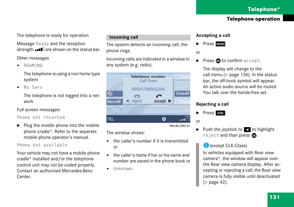 Incoming call, 131 telephone | Mercedes-Benz CLK-Class 2008 COMAND Manual User Manual | Page 131 / 232