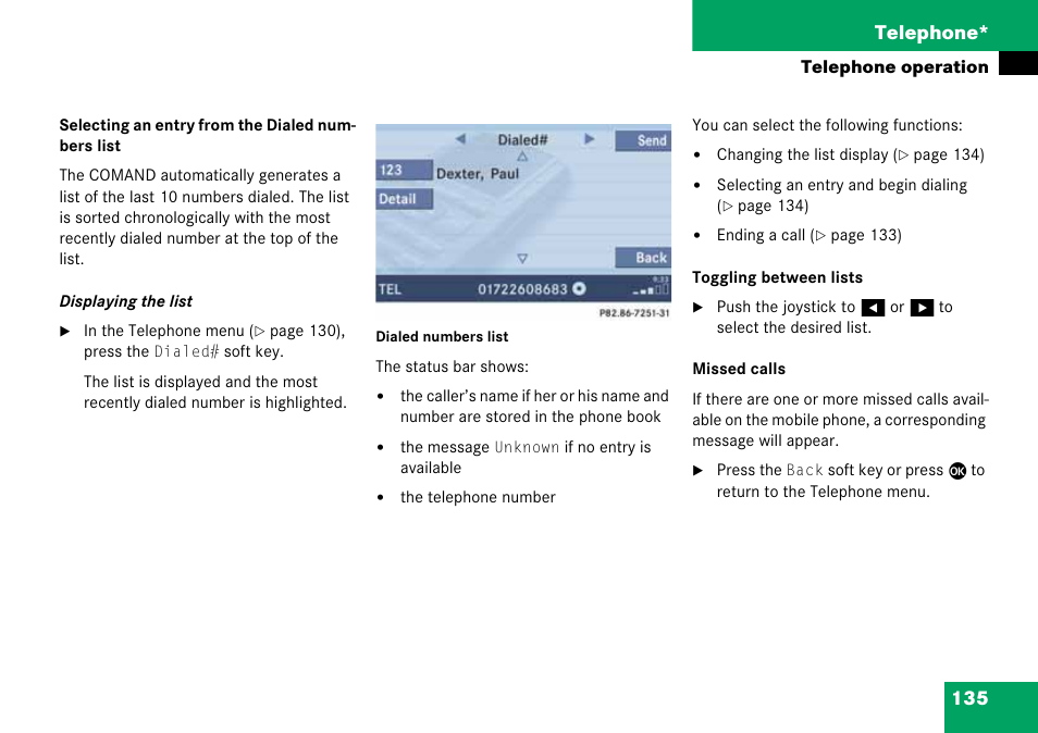 135 telephone | Mercedes-Benz CLK-Class 2008 COMAND Manual User Manual | Page 135 / 232