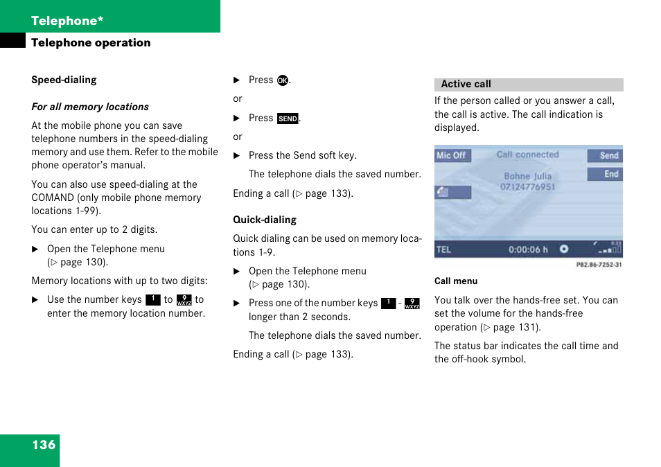 Active call, Menu, Use speed-dialing | Use quick-dialing, 136 telephone | Mercedes-Benz CLK-Class 2008 COMAND Manual User Manual | Page 136 / 232