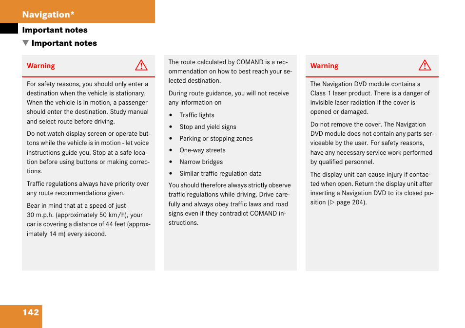 Important notes, 142 navigation | Mercedes-Benz CLK-Class 2008 COMAND Manual User Manual | Page 142 / 232