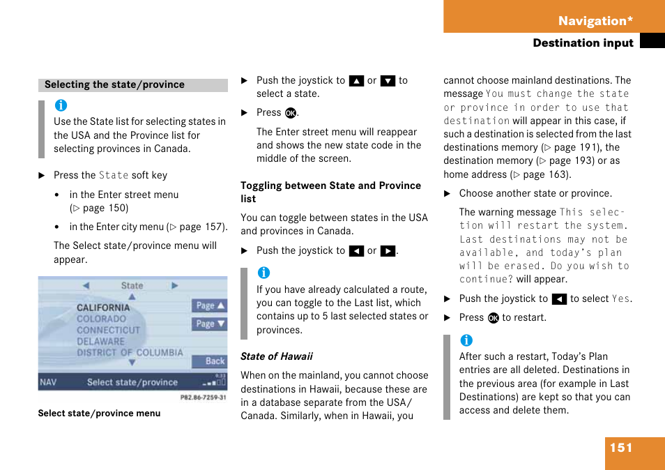 Selecting the state/province, Menu, 151 navigation | Mercedes-Benz CLK-Class 2008 COMAND Manual User Manual | Page 151 / 232