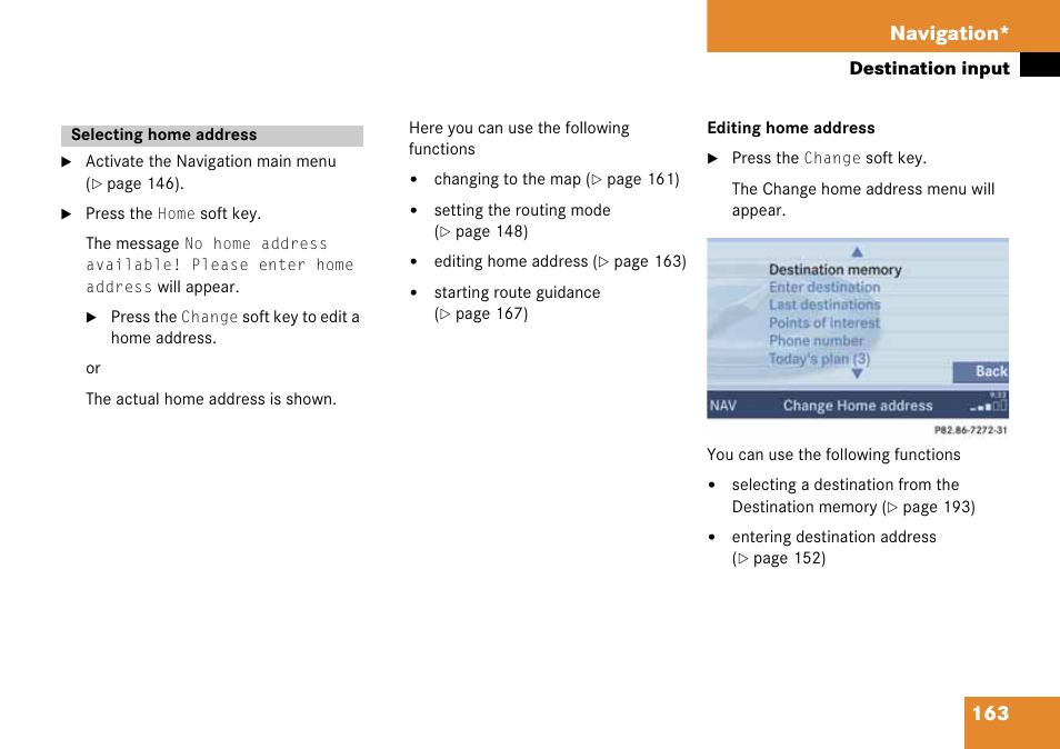 Selecting home address, Home address, 163 navigation | Mercedes-Benz CLK-Class 2008 COMAND Manual User Manual | Page 163 / 232