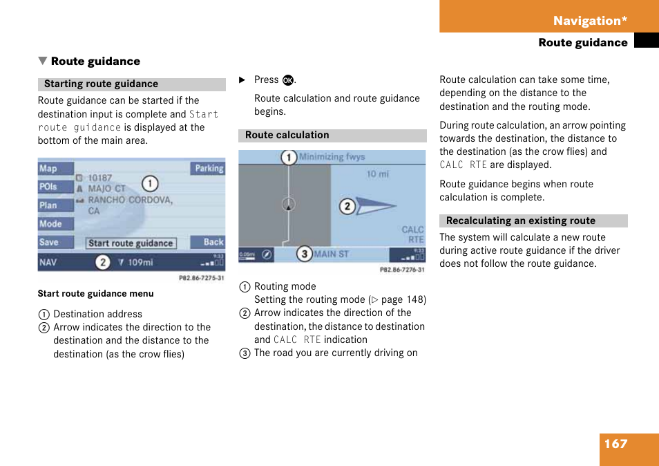 Route guidance, Starting route guidance, Route calculation | Recalculating an existing route, 167 navigation | Mercedes-Benz CLK-Class 2008 COMAND Manual User Manual | Page 167 / 232