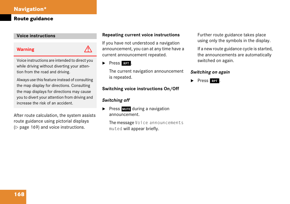 Voice instructions, 168 navigation | Mercedes-Benz CLK-Class 2008 COMAND Manual User Manual | Page 168 / 232