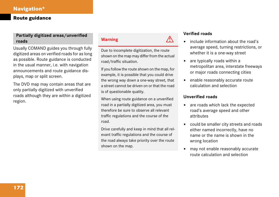 Partially digitized areas/unverified roads, 172 navigation | Mercedes-Benz CLK-Class 2008 COMAND Manual User Manual | Page 172 / 232