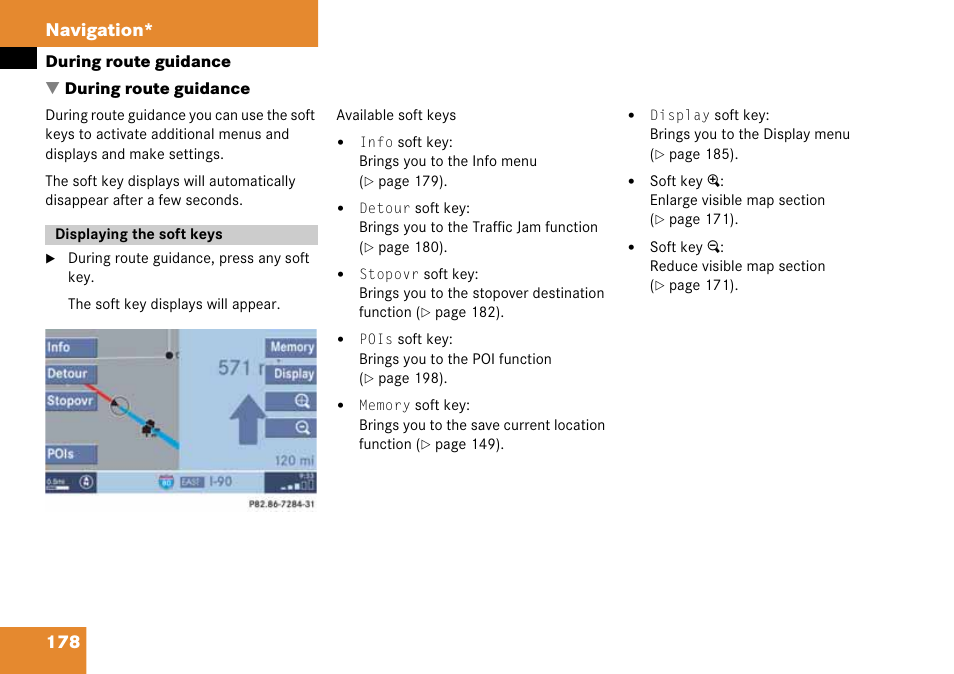 During route guidance, Displaying the soft keys, 178 navigation | Mercedes-Benz CLK-Class 2008 COMAND Manual User Manual | Page 178 / 232
