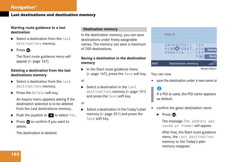Destination memory, Ation memory, Selected entry | 192 navigation | Mercedes-Benz CLK-Class 2008 COMAND Manual User Manual | Page 192 / 232