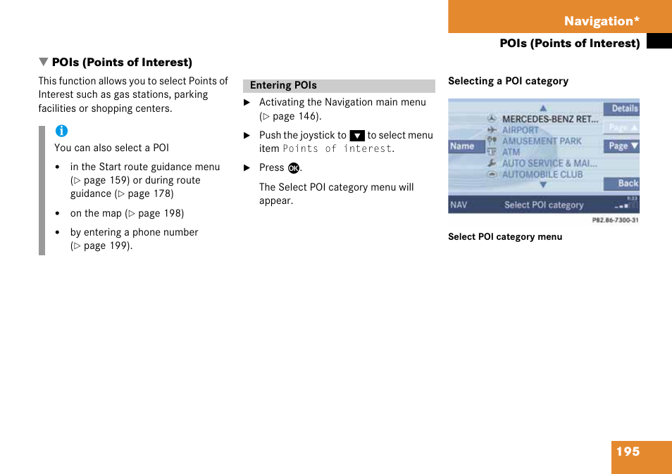 Pois (points of interest), Entering pois, Menu | 195 navigation | Mercedes-Benz CLK-Class 2008 COMAND Manual User Manual | Page 195 / 232