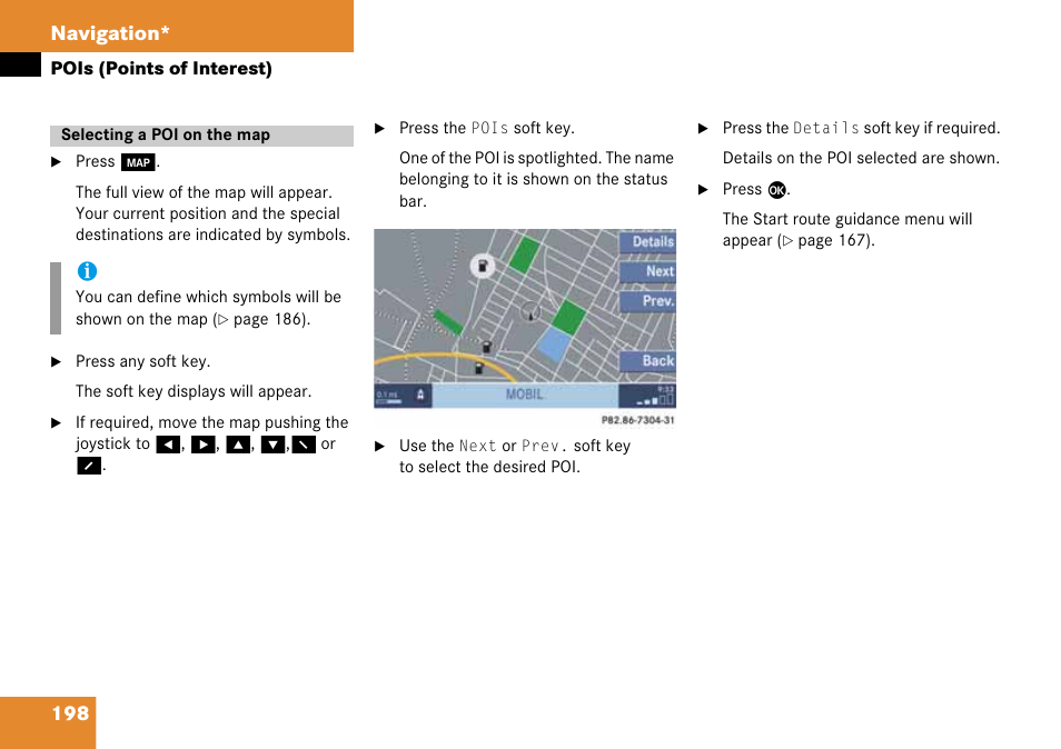 Selecting a poi on the map, The map, 198 navigation | Mercedes-Benz CLK-Class 2008 COMAND Manual User Manual | Page 198 / 232