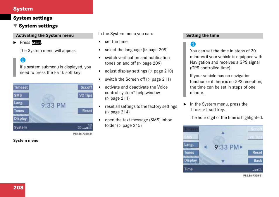 System settings, Activating the system menu, Setting the time | Activating the system menu setting the time, 208 system | Mercedes-Benz CLK-Class 2008 COMAND Manual User Manual | Page 208 / 232