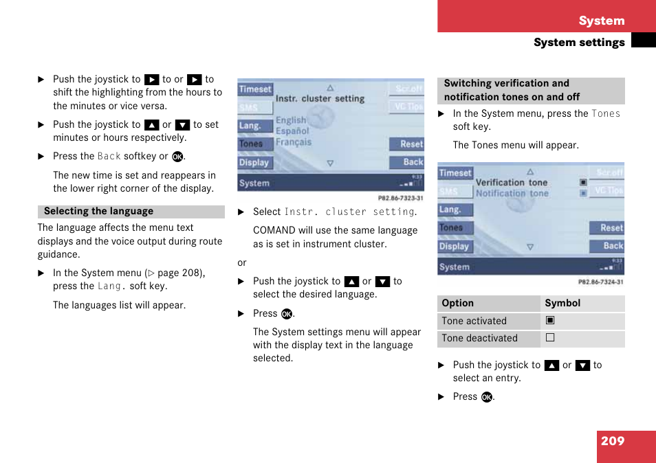 Selecting the language, System settings, Language | Tones on and off, 209 system | Mercedes-Benz CLK-Class 2008 COMAND Manual User Manual | Page 209 / 232