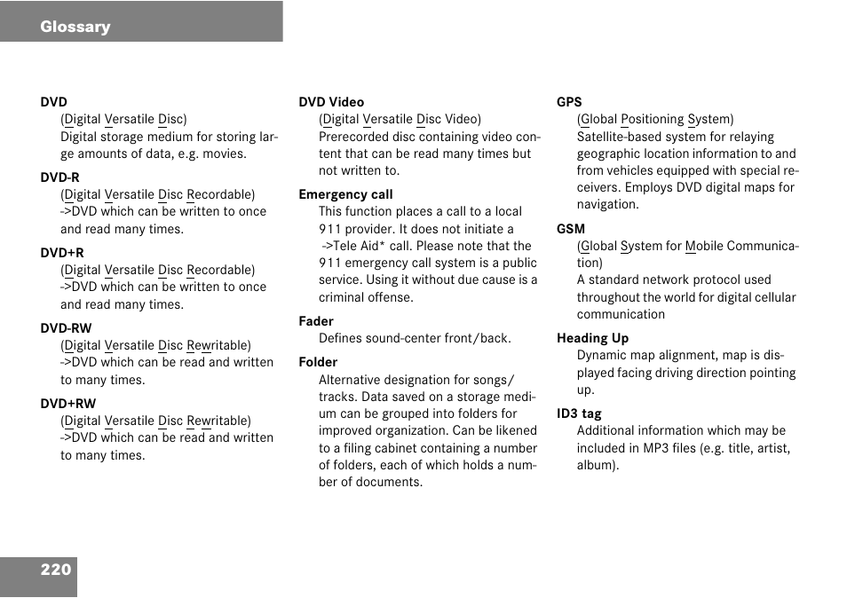 220 glossary | Mercedes-Benz CLK-Class 2008 COMAND Manual User Manual | Page 220 / 232