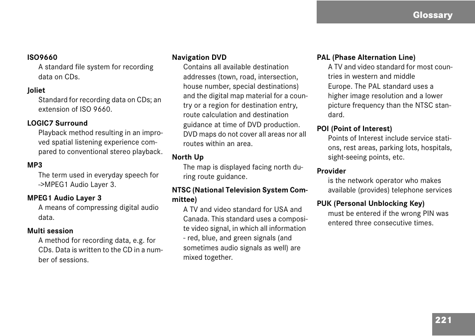 221 glossary | Mercedes-Benz CLK-Class 2008 COMAND Manual User Manual | Page 221 / 232