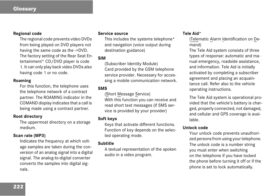 222 glossary | Mercedes-Benz CLK-Class 2008 COMAND Manual User Manual | Page 222 / 232