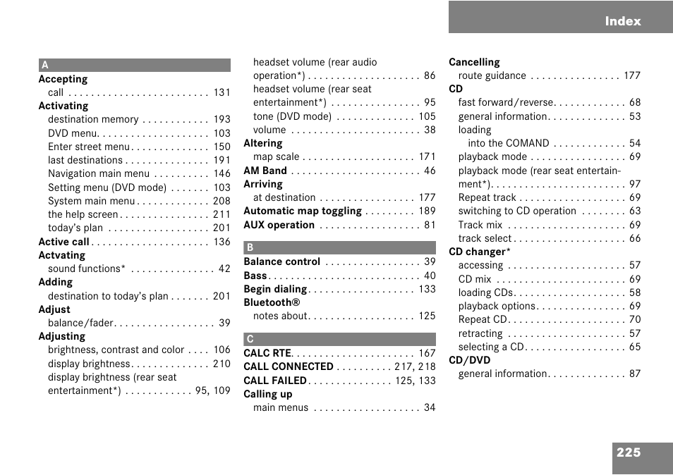 Headset volume (rear audio operation*) 86, Index, 225 index | Mercedes-Benz CLK-Class 2008 COMAND Manual User Manual | Page 225 / 232