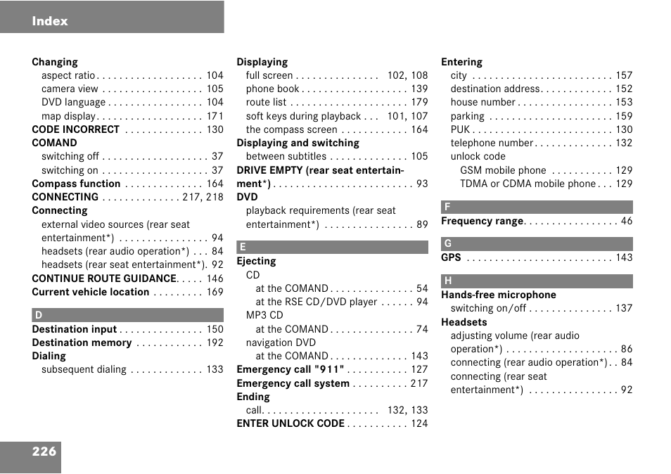 226 index | Mercedes-Benz CLK-Class 2008 COMAND Manual User Manual | Page 226 / 232