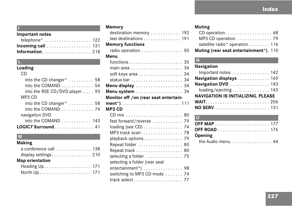 227 index | Mercedes-Benz CLK-Class 2008 COMAND Manual User Manual | Page 227 / 232