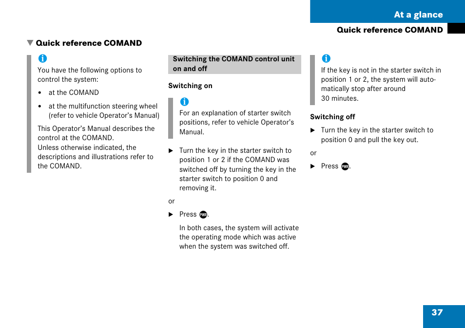 Quick reference comand, Switching the comand control unit on and off, 37 at a glance | Mercedes-Benz CLK-Class 2008 COMAND Manual User Manual | Page 37 / 232